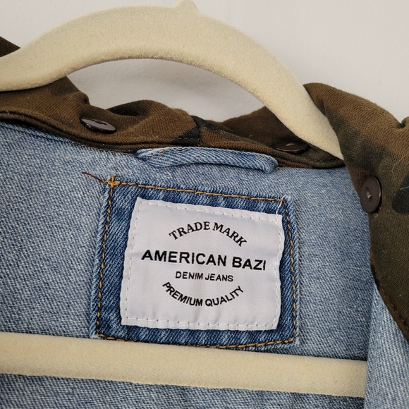 AMERICAN BAZI Denim Button Up Camouflage Pattern Hooded Jean Jacket - Picture 8 of 9